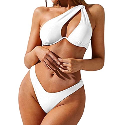 ZAFUL Bikini para mujer de un hombro, color de contraste, patchwork, acanalado, dos colores, Blanco, S