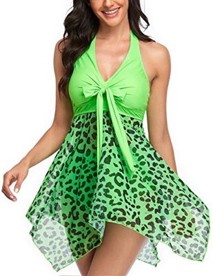 Donpapa Mujer Traje de Baño Tankinis Hálter Falda Push Up Bikini Conjunto de Malla Playa Ropa de Baño de Cintura Alta(Leopardo Verde M)