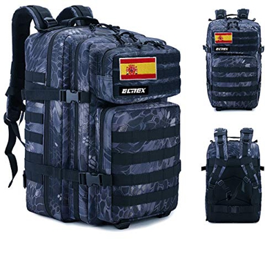 ELITEX Mochila 45L Táctica Militar Bandera España Impermeable Deportiva Caza Aire Libre Deportes Gimnasio Portatil Oxford 900D (Negro Piton)