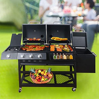 LHGXQ-Dp Parrilla Barbacoa Americana Ahumada Grande,Acero Inoxidable 12,000 BTU Combinación Combustible Dual Parrilla Carbón/Gas,Picnic Al Aire Libre 