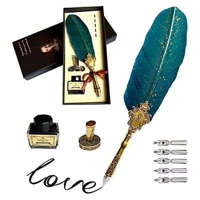 Xiangmall Pluma Escritura Antigua Feather Pen Pluma Inmersion con Reemplazar Puntas Tinta Titular Pluma para Regalo Cumpleaños Navidad (verde)