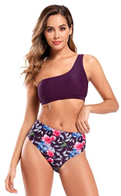 SHEKINI Bikinis Traje de baño Mujer un Hombro Bañador Sexy Deportivo con Hombros Oblicuos Conjuntos Dos Piezas Braga Bikini Estampado de Cintura Alta 