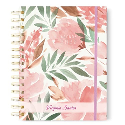 Agenda 2022 anual Personalizada | Agenda día página tamaño A5 - Diseño de flores en portada y contraportada | Personalización de la agenda en portada 