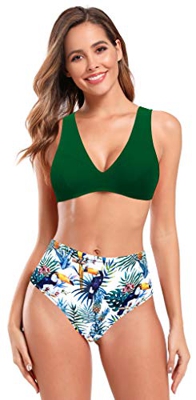 SHEKINI Conjunto De Bikini De Dos Piezas para Mujer Tops con Cuello En V Profundo Cintura Alta Bikini con Flores Parte Inferior Acolchada Bikini De Pl