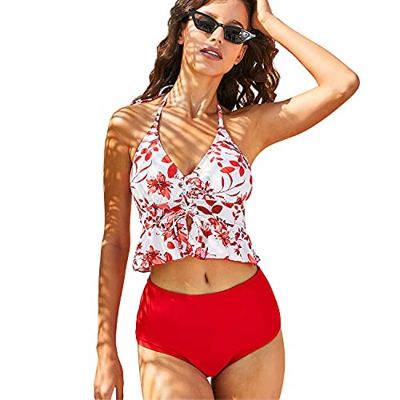 SHANMEI Mujer Traje de Baño con Volantes para Mujer Cintura Alta Dividida Bikini Natación Esencial, con Bikini con Braguitas de Talle Alto (L)