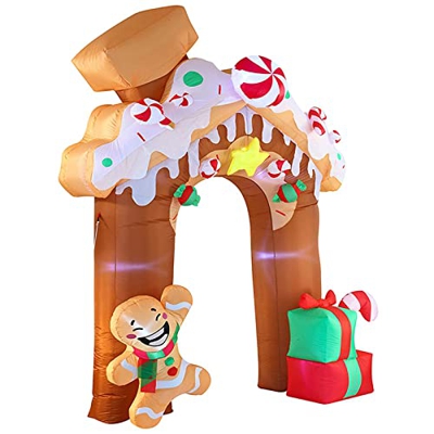WULAZL 3M Arco Inflable Decoraciones de jardín Decoraciones navideñas Hombre de Jengibre Caja de Regalo con Horquilla de Tierra Transformador Soplador