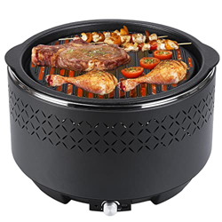 Barbacoa de carbón vegetal con hierro fundido, parrilla baja de humo, con caja de ventilador extraíble, parrilla de carbón vegetal, redonda, 35 x 34 x características