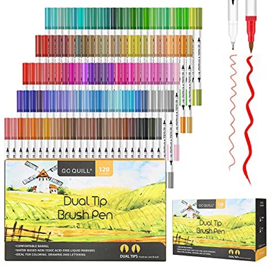 GC QUILL 120 colores rotuladores punta pincel marcadores acuarelables con punta de pincel y punta fina-para colorear, dibujo y caligrafía GC-120W