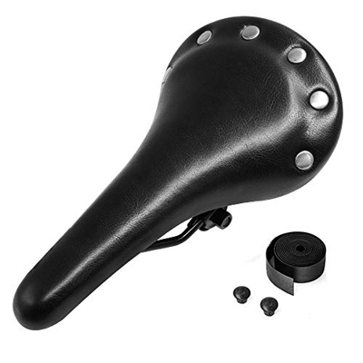 ANZOME Sillín de Bicicleta Cuero Retro Negro con Cinta para Manillar de Bicicleta, Vintage Asiento de Bicicleta