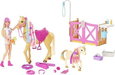 Barbie con Caballo y Poni Muñeca rubia con caballo y poni de juguete, accesorios de establo y para peinar, regalo para niñas y niños +3 años (Mattel H