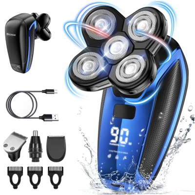 ERADREAM Afeitadoras de Cabeza Para Hombres, Máquina de Afeitar Eléctrica Seca y Húmeda, Recargable, Pantalla LED 4 en 1, Cabeza Flotante de Afeitar, 