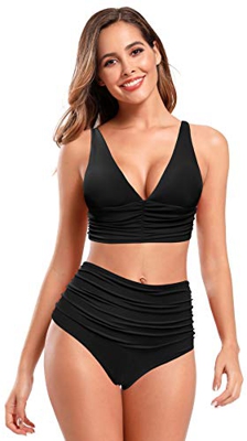 SHEKINI Traje de baño de Dos Piezas Mujer V-Cuello Halter Ajustable Chaleco Bikini Top Bikini Dos Piezas Bañador Retro Ruched Cintura Alta Parte Infer