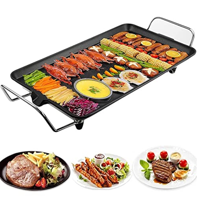 Barbacoa Eléctrica Sin Humo, 1500W, Apto para Interiores y Exteriores, Temperatura Regulable, con Bandeja de Goteo, Área de Parrilla 48 x 27 cm, Negro