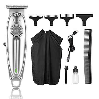 Kemei Cortapelos inalámbricos para hombres profesional 1949 Barba/cuerpo/pelo Trimmer Kit de aseo con hoja calva de 0 mm, tipo C USB recargable, silen
