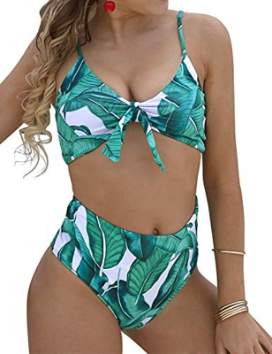 Conjunto de Bikini de Cintura Alta para Mujer Traje de Baño de Dos Piezas Traje de Baño de Nudo de Corbata de Guinga(Hojas Verdes,M)