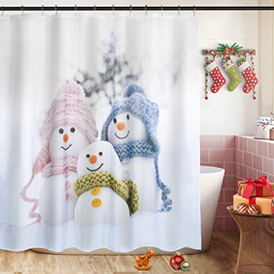 Carttiya Cortina de Ducha Navidad con muñeco de Nieve, Cortina de Ducha de poliéster,Cortina Ducha antimoho 180 cm x 180 cm con 12 Ganchos de Metal An