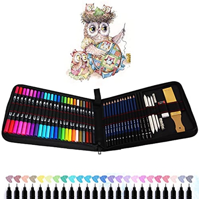 24 Rotuladores Punta Pincel, 12 Lapices de Dibujo y Kit de Arte - Material escolar Perfecto para Caligrafía, Lettering, Colorear, Mandalas, Cómics, Ma