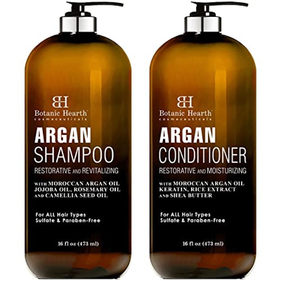 BOTANIC HEARTH Argan Oil Shampoo and Conditioner Set - with Keratin, Restorative & Moisturizing, Sulfate Free - All Hair Types & Color Treated Hair, M