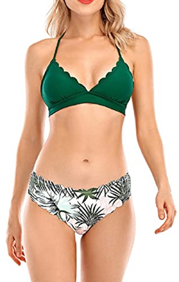 UMIPUBO Conjunto de Bikini Mujer Traje de Baño de Dos Piezas Borde Ondulado Dividido con Cuello Halter Ropa de Playa Ropa de Baño Tops y Braguitas (Ve