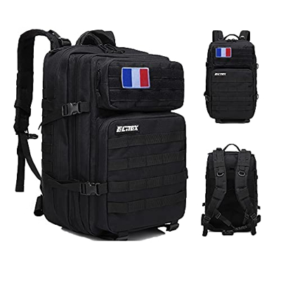 ELITEX Mochila 45L Táctica Militar Bandera Francia Impermeable Deportiva Caza Aire Libre Deportes Gimnasio Portatil (Negro)