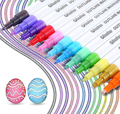 Bolígrafos de contorno, bolígrafos con purpurina de doble línea Ohuhu de 12 colores, marcadores súper garabatos para escribir tarjetas, felicitaciones