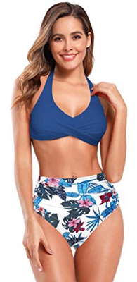 SHEKINI Traje de Baño Brasileño de Dos Piezas para Mujer Copas Torcidas Traje de Baño con Cuello Halter Pantalones de Cintura Alta con Pliegues Bikini