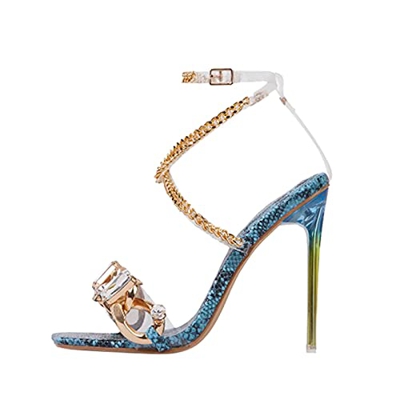 Sandalias de Tacón Aguja Cristal con Hebilla de Punta Cuadrada para Mujer para El Verano 2021 Nuevas Sandalias de Vestir de Todo Fósforo con Correas C