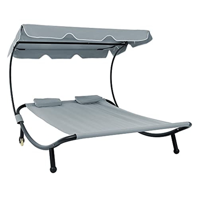 ECD Germany Tumbona Doble de Jardín Parasol Plegable 197x160x139 cm con 2 Cojines y Dos Plazas Gris Hamaca Relax con Toldo Ajustable Ideal para Piscin
