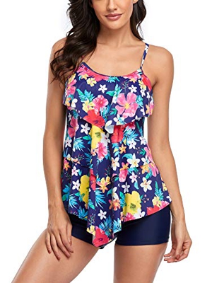 FLYILY Traje de baño Tankini de 2 piezas para mujer, con estampado de volantes y pantalones cortos de talla grande