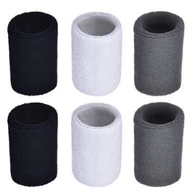 Androxeda Juego de 6 muñequeras deportivas absorben la humedad unisex para fútbol baloncesto fitness yoga correr tenis (negro blanco y gris oscuro)
