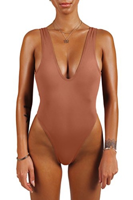 sofsy Bañador de una Pieza Petite Mujeres Traje de baño Push Up Corte Alto Espalda Baja Natación Playa Vintage Retro 80s 90s Color Carne Talla Extra X