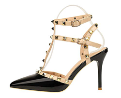 HSY SHOP Sandalias enjauladas con Tachuelas para Mujer Punta Cerrada Fiesta de Bodas por la Noche Prom Nupcial Tacón Medio Sandalias con Tira Trasera  en oferta
