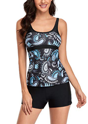AOQUSSQOA Mujeres Floral Halter Tankini Set con Shorts Bikini de Traje de baño Deportivo de Cintura Alta (Blue, L) precio