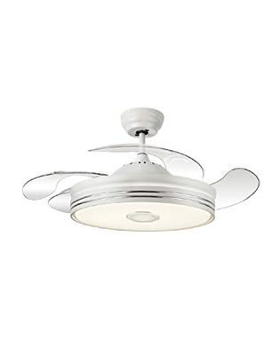 TODOLAMPARA - Ventilador de techo con luz LED 36W motor DC y Altavoz modelo MATANUSKA Blanco, 3 tonalidades con memoria, aspas retráctiles, 6 velocida