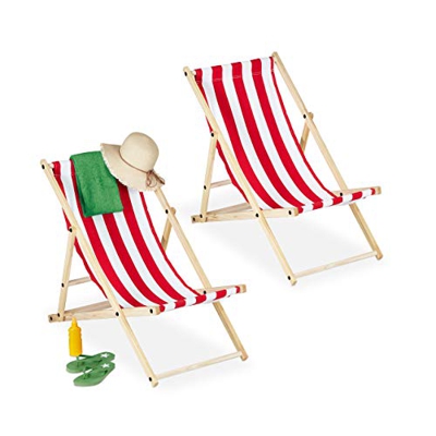 Relaxdays Tumbona, Plegable, Kit de 2, Madera, 3 Posiciones, Hamaca Reclinable Balcón y Jardín, 120 kg, Blanco y Rojo, Set de 2