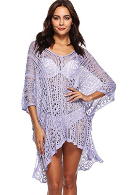 Voqeen Trajes de Baño Cubrir Mujer Vestido Mujer Sexy Verano Crochet Ahuecar Bikini Cover Up Vestido de Playa (púrpura)