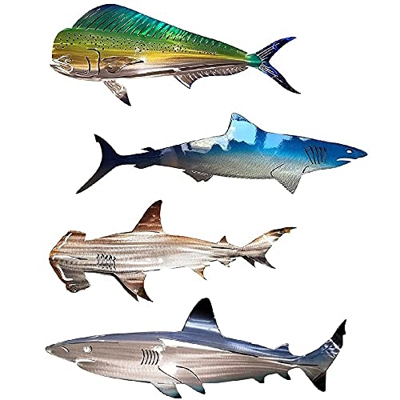 Decoración de pared de playa de 4 metales, juego de 4 arte de pared de tiburón de metal, decoración de casa de playa de verano contemporánea, para pis