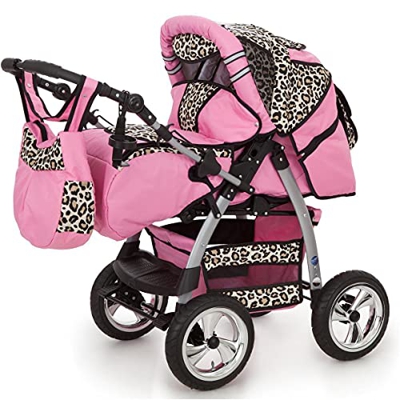 Cochecito 3 en 1 con parasol Cochecito combinado Buggy Neumáticos antipinchazos King by Lux4Kids rosa & leopardo