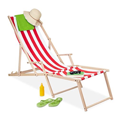 Relaxdays Tumbona de Madera y Tela, 3 Posiciones, Reposabrazos y Reposapiés, hasta 120 kg, Hamaca Jardín, Blanco y Rojo, 1 Pieza