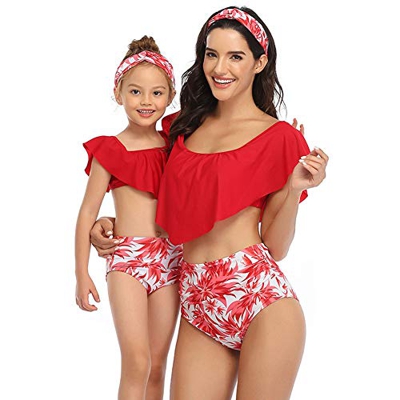 Madre e Hija Bikinis Traje de baño Madre-Hija Bikini Traje de Baño,Volantes Impresos Mamá Niña Bañadores de Mujer Playa Rojo 140