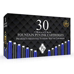 Wordsworth & Black - Paquete de 30 cartuchos de tinta para pluma estilográfica - Negro y azul - Tamaño estándar internacional - Longitud aprox. 5,2 cm características