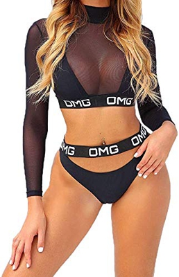 Bikini Mujer 3 Piezas Traje de Baño Sexy Bañadores Anudado Tanga Tops Sujetador Push-up Sexy + Braguitas de Cintura Alta + Cubierta Cover Up Transpare