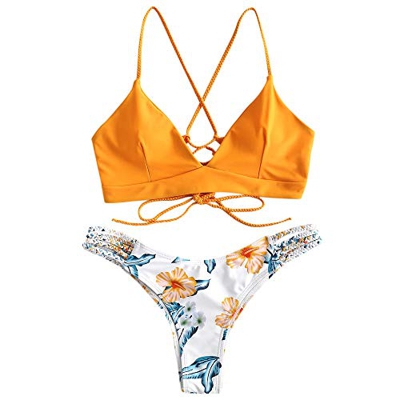 Conjunto de bikini Zaful para mujer compuesto por dos piezas con sujetador ajustable en la espalda y efecto realzador, escote triangular y estampado d