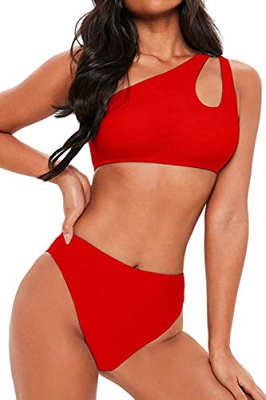 JFAN Traje de Baño Mujer Conjunto de Bikini Un Hombro Trajes de Baño Ahuecados Bañador Atractivo de Dos Piezas(Rojo,S)