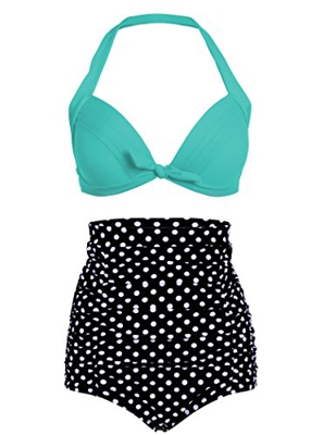Pretty Attitude Bikini retro de lunares para mujer con cintura alta y parte superior turquesa (juego de 2 piezas), multicolor, S