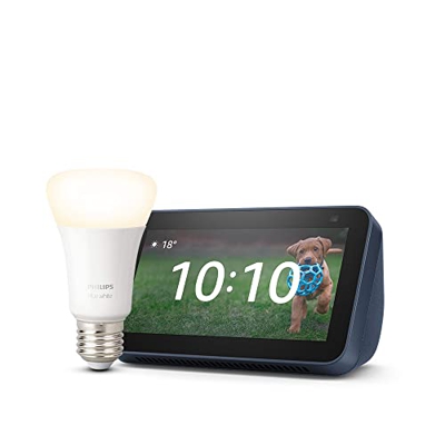 Echo Show 5 (2.ª generación, modelo de 2021), Azul + Philips Hue White bombilla inteligente, compatible con Alexa - Kit de inicio de Hogar digital