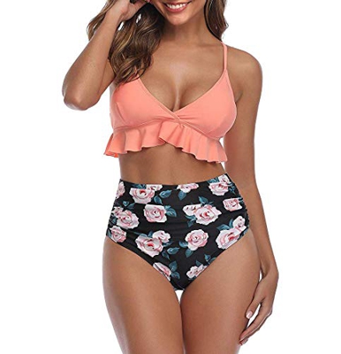 WonderBabe Mujer Traje de Baño Sexy Traje de Baño de Dos Piezas Mujer Tankini Camisola con Volantes y Bragas de Cintura Alta Conjunto Traje de Playa d