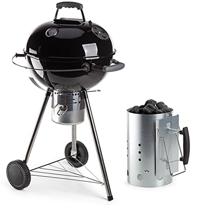 Rosmarino BBQ Parrilla de Carbón (Ø 45 cm) con Chimenea de Encendido de Carbón - Parrilla Portátil de Acero para Exteriores con Tapa y Marco Cromado -