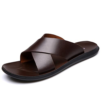 Wygwlg Sandalias con Tiras Cruzadas en el Tobillo para Hombre, Zapatillas de Cuero de Verano, Sandalias Planas para el Ocio,Brown-43