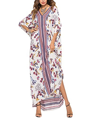 JENJON Mujeres Vestido de Playa Kaftan Floral Bordado Bohemia Tamaño Largo Cover Ups para Bikini D-Rojo Talla única